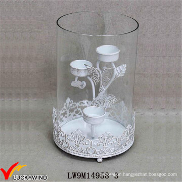 Hurricane Glass Metal Distressed White Wedding Candle Holder